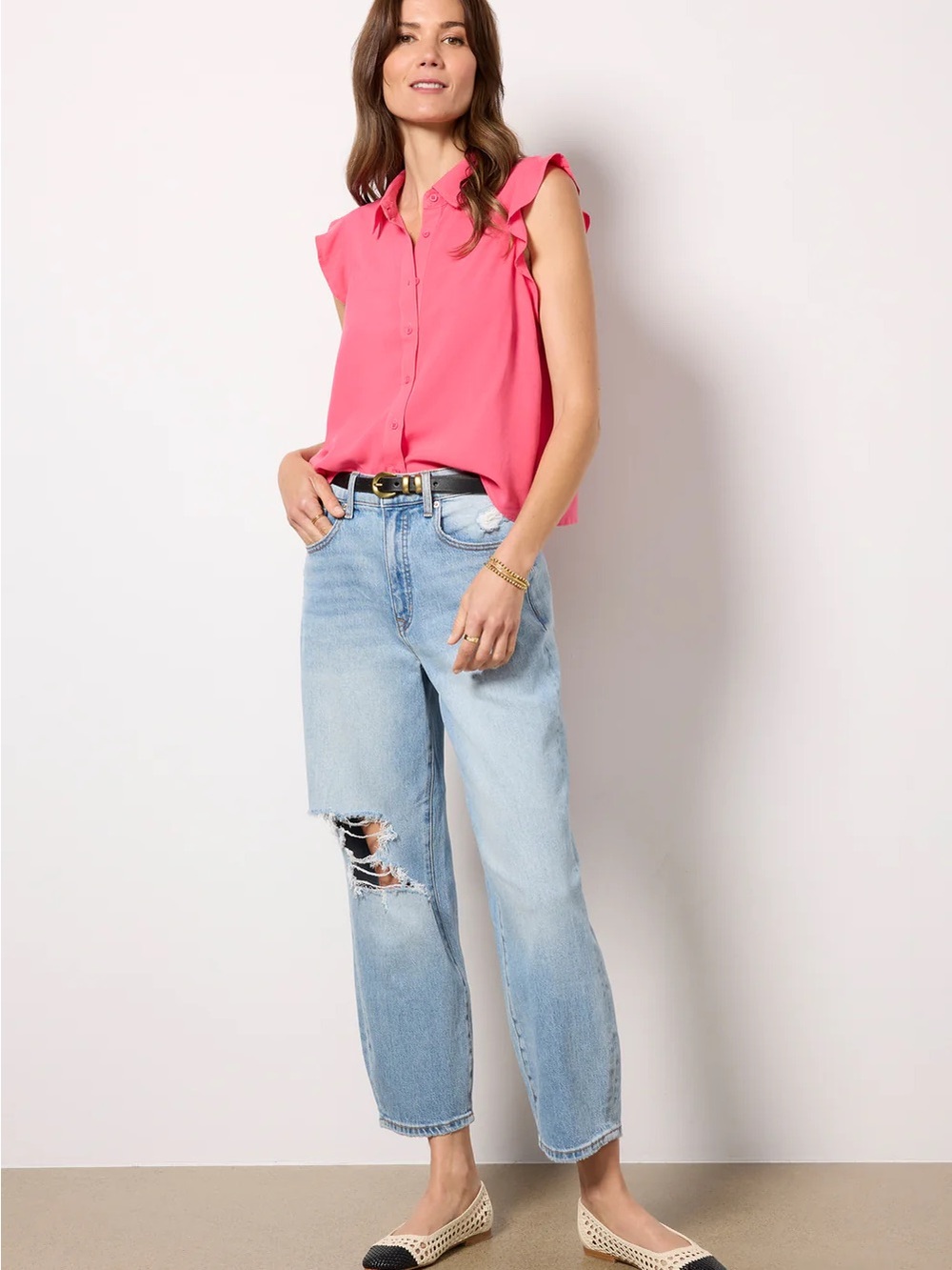 cloth & stone Pink Ruffle Cap-Sleeve Button Front Blouse - Picture 6 of 11